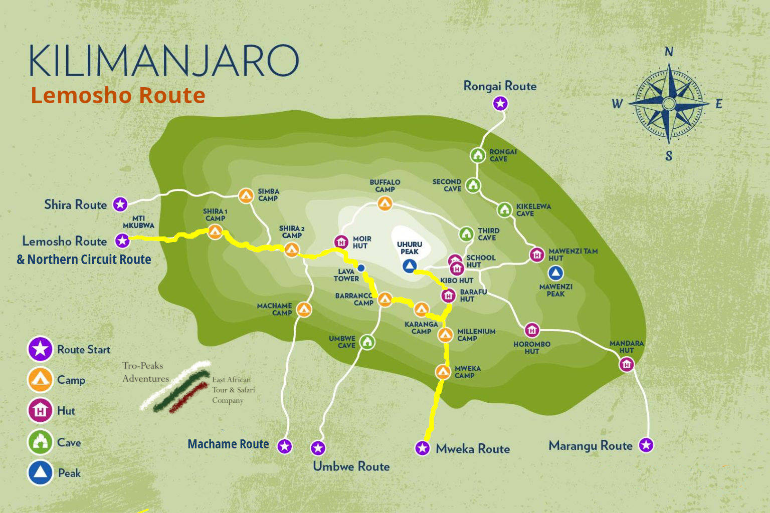 Tro-Peaks Kilimanjaro Lemosho Route Map
